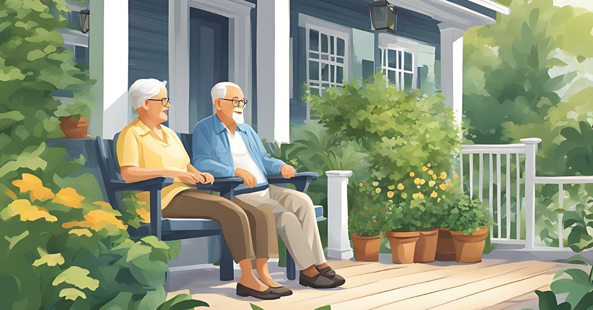 Two adults sit on a porch with potted plants beside a blue house.