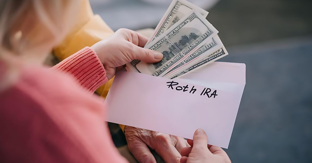 Hands holding cash and an envelope labeled “Roth IRA” outdoors.