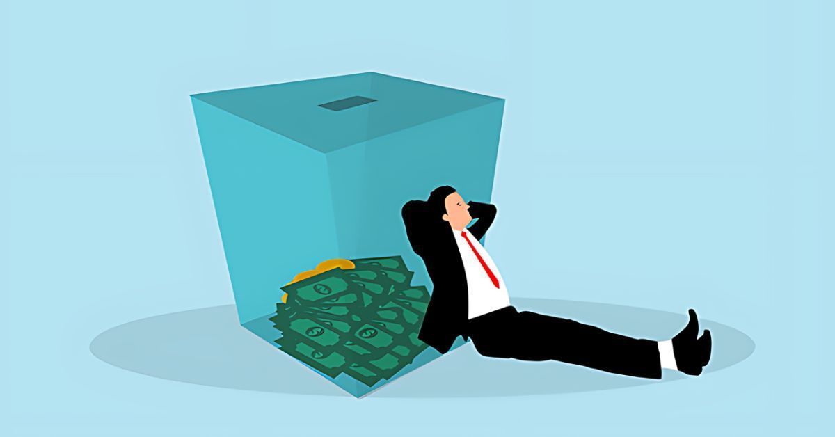 Man in black suit leaning against a cyan cube overflowing with green cash on a light blue background
