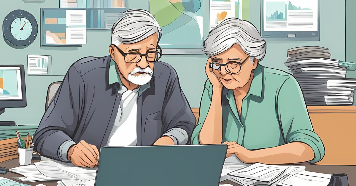 Two people reviewing documents at a desk with a laptop in a bright office, focused and serious