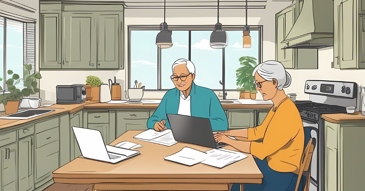 Two people chatting at a kitchen table with a laptop and papers, in a bright home kitchen