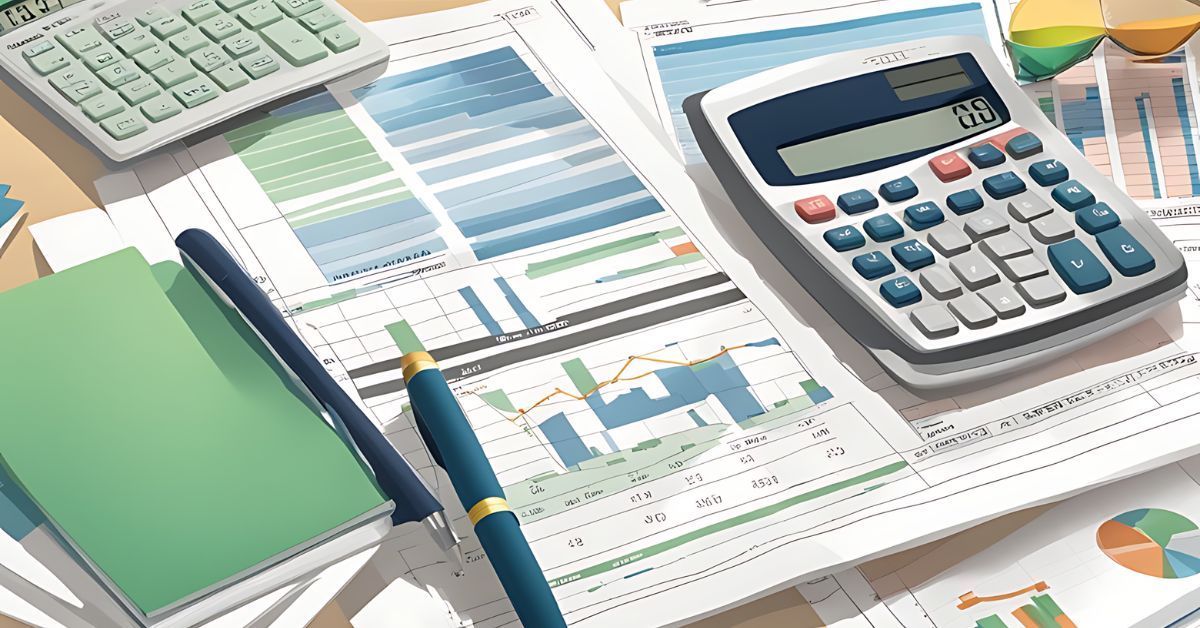 Desk with calculator, charts, notebook, pen, and keyboard, suggesting financial planning or accounting.