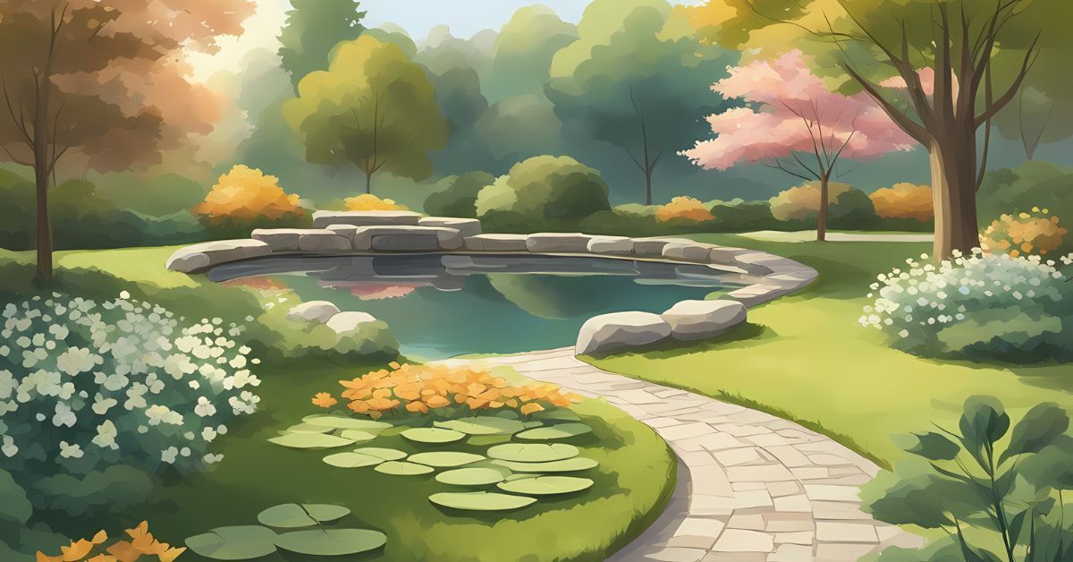 Serene garden pond with lily pads, stone path, and blooming trees in soft pastel colors