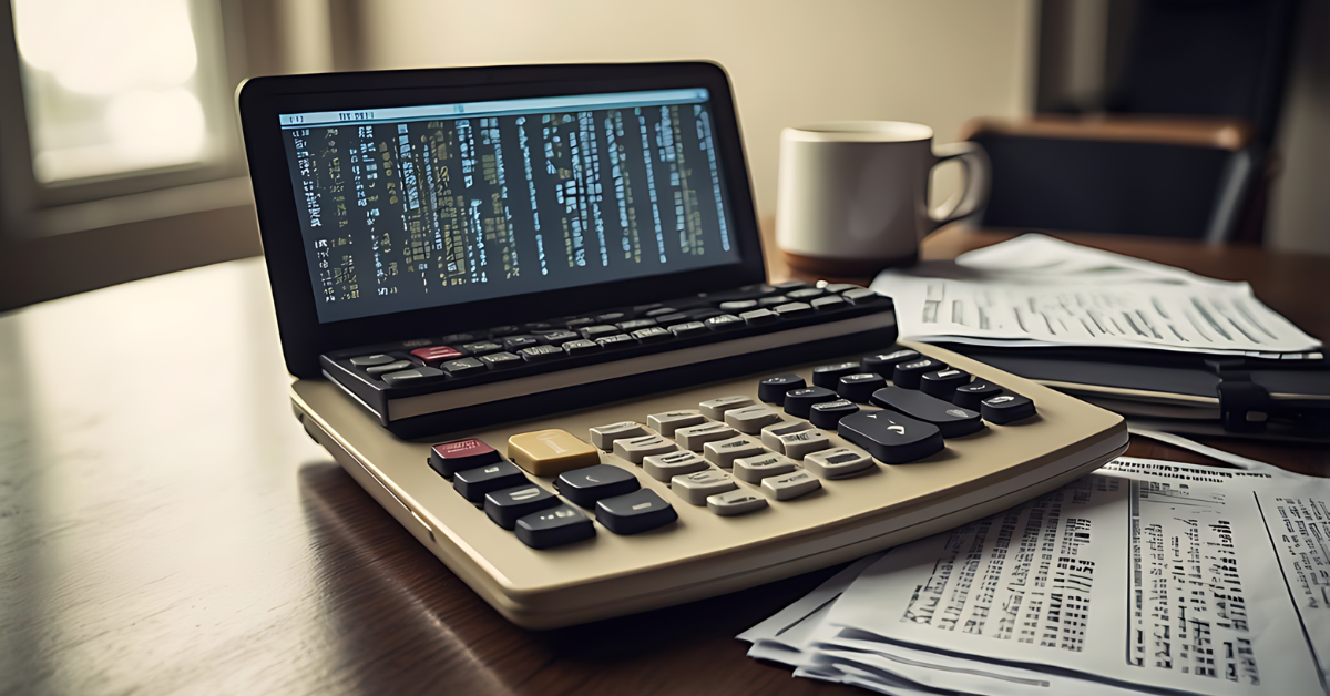 Calculator on a desk beside a laptop displaying code and scattered paperwork.