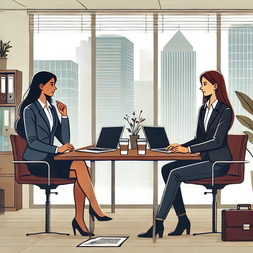 Two business professionals in suits meet across a table with laptops in a bright office.