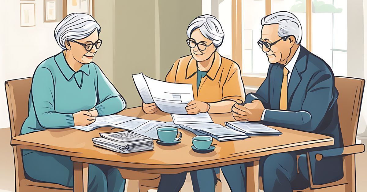 Three people reviewing papers at a table in a bright office, with coffee cups nearby.