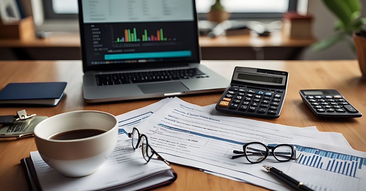 Laptop on desk with financial charts, calculators, coffee, glasses, and paperwork.