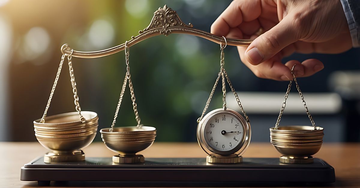 Hand placing a beam balance with gold bowls and a clock-shaped weight on a dark base