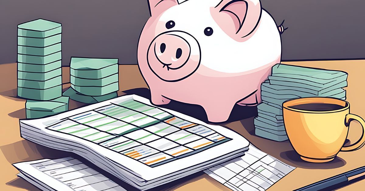 Piggy bank beside calculator, stacks of coins, and a coffee cup on a desk