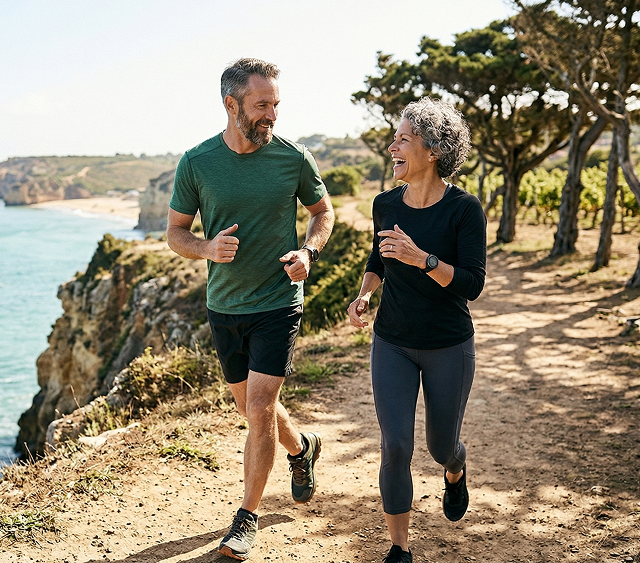 Two people jogging along a sunny coastal trail by the sea