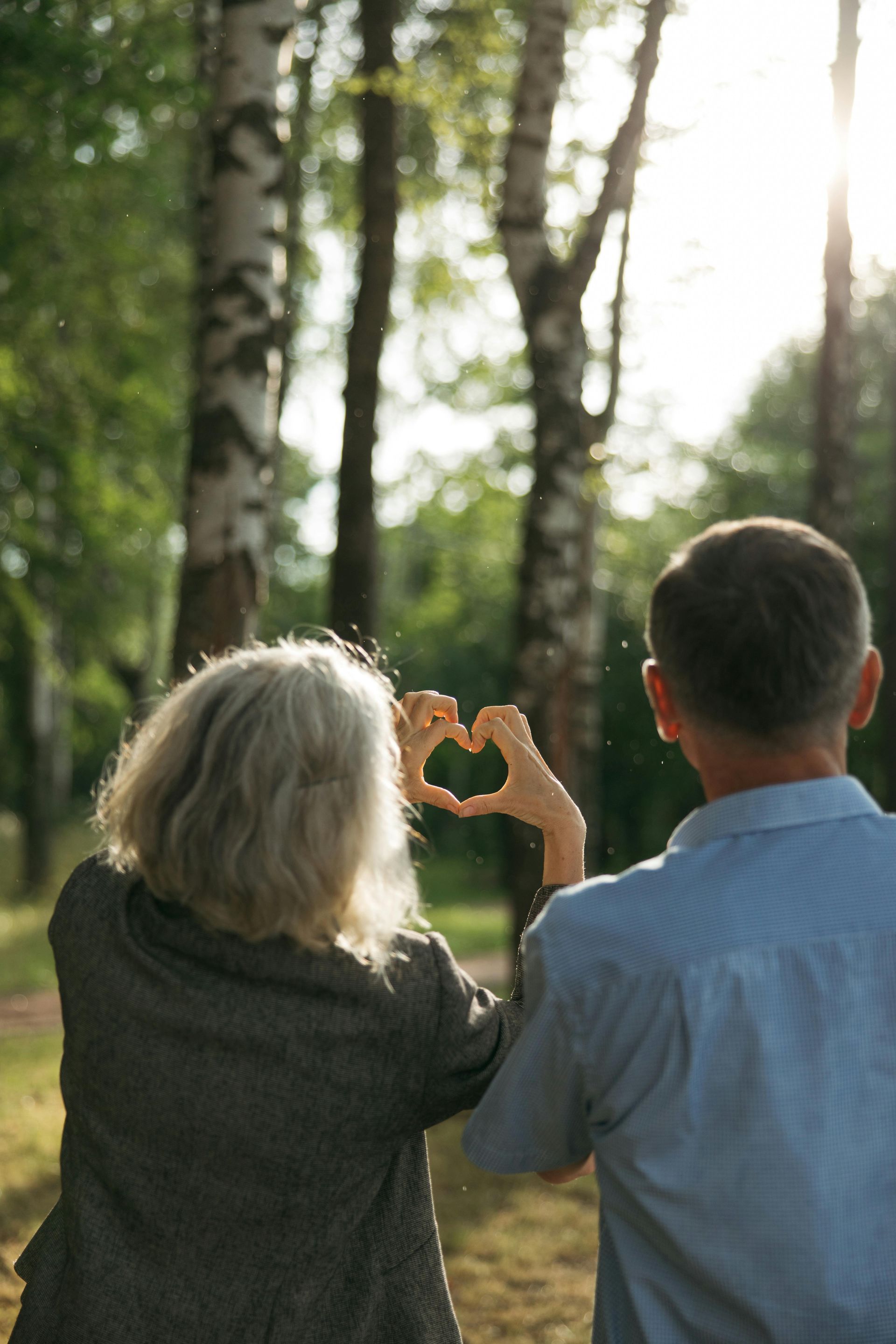 Two people seen from behind making a heart shape with their hands in a sunlit wooded area