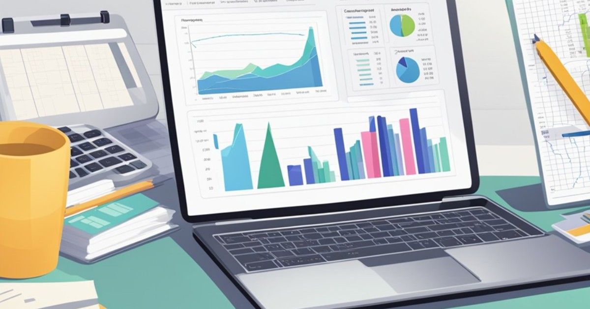 Laptop displaying colorful charts on a desk with notebook, coffee mug, and pencil.
