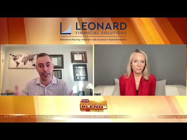 Two people on a video call with Leonard Financial Solutions branding on an orange background