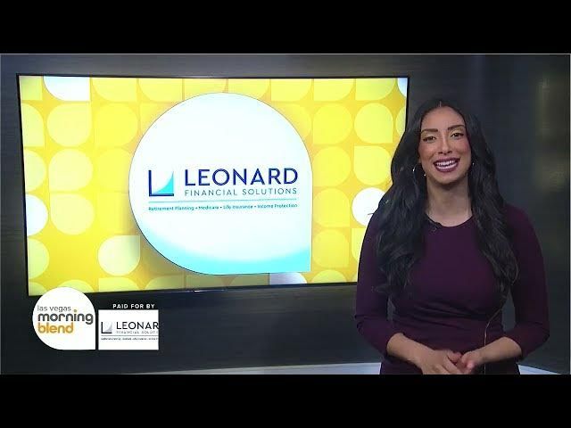 Anchor standing in studio beside “LEONARD Financial Group” logo on a yellow screen.