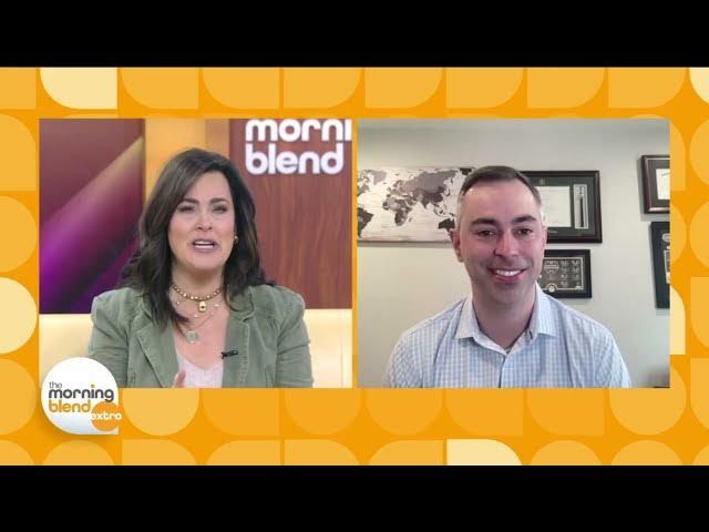 Split-screen morning show interview with a host and a guest on orange backgrounds