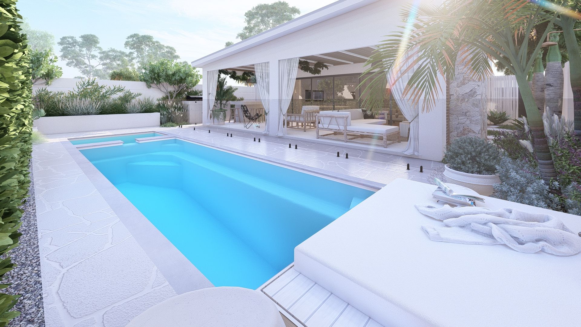 A Dog Is Standing In Front Of A Modern House With A Swimming Pool — Gibson Family Pools Pty Ltd In Port Macquarie, NSW