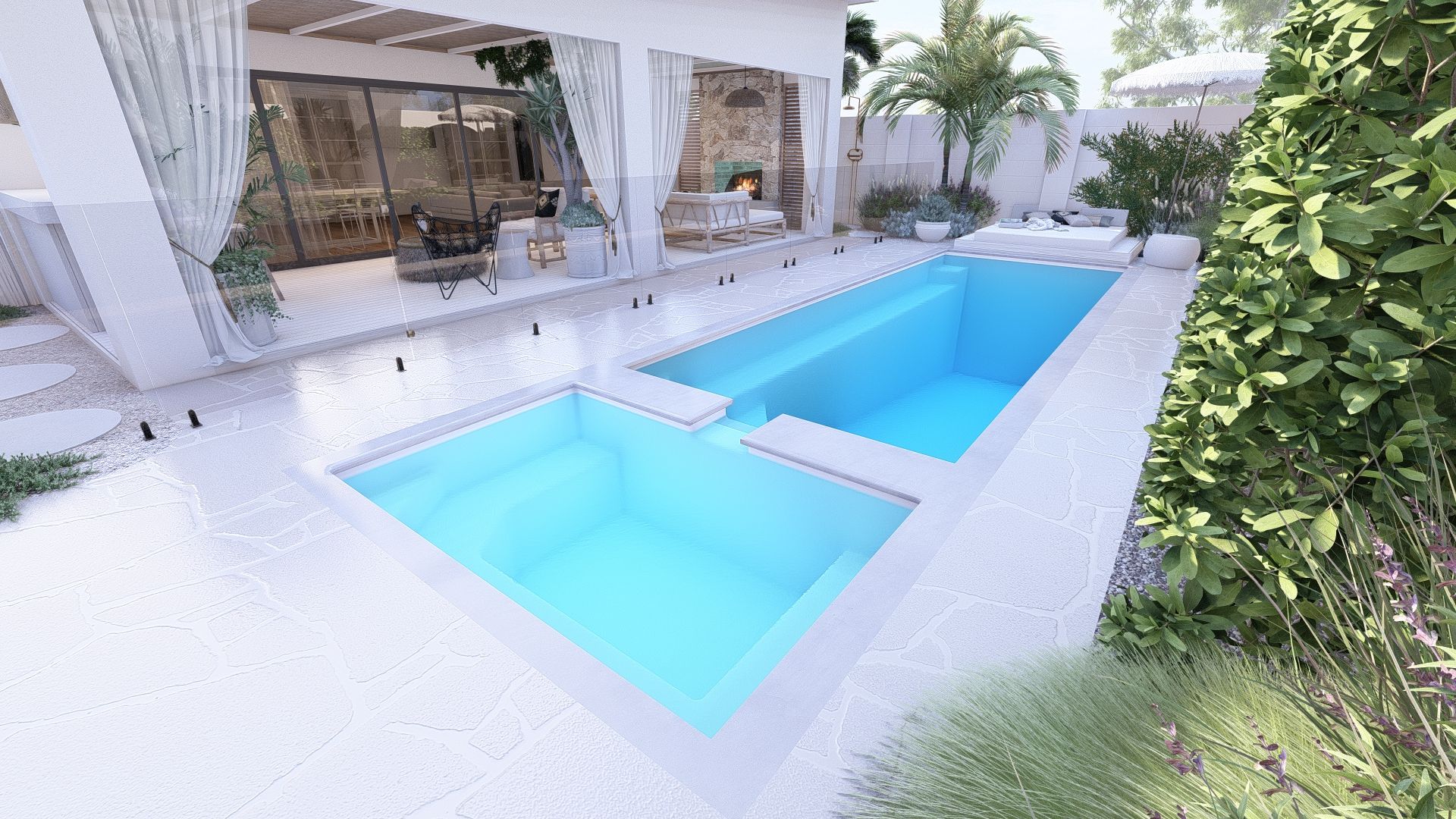 A Large Swimming Pool in Front of a House With a Palm Tree in the Foreground 