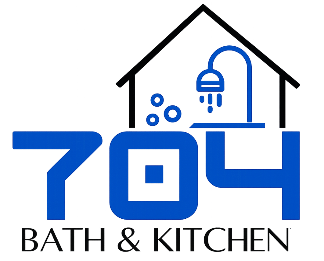Logo for 704 Bath & Kitchen with blue house and shower icon