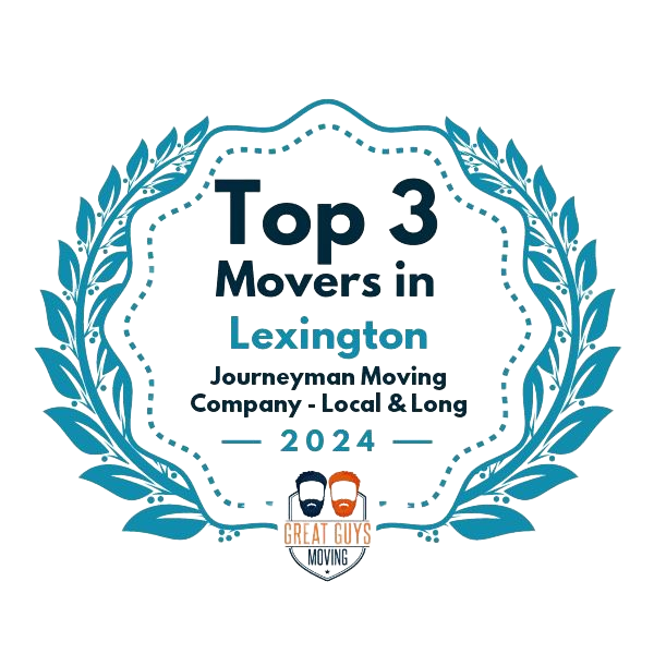 Award for Top 3 Movers in Lexington in 2024; Journeyman Moving Company. Includes Great Guys Moving logo.