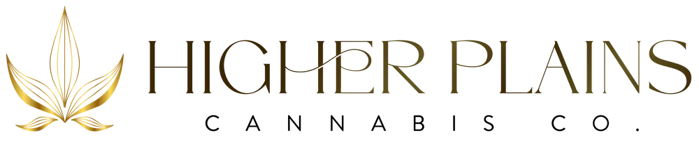 Higher Plains Cannabis Co. logo with gold leaf and text on a white background