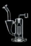 Clear glass laboratory gas trap with side tube, vertical chamber, and round base on black background