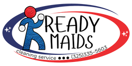 A logo for ready maids cleaning service with a man holding a balloon.