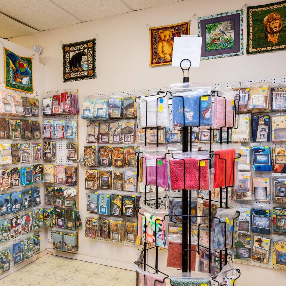 Store aisle with colorful pet accessories and framed animal art on wall displays