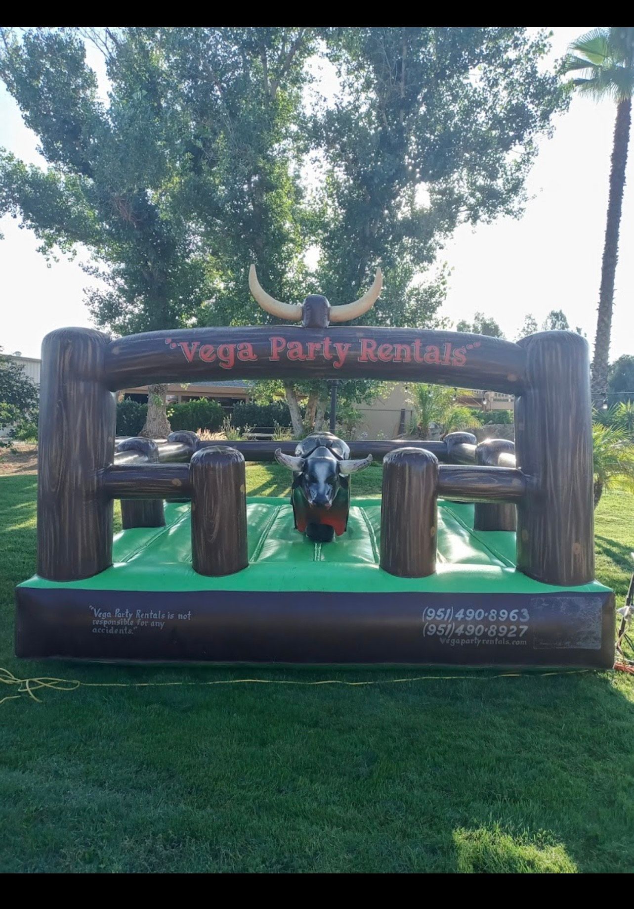 A mechanical bull is sitting in a fenced in area.