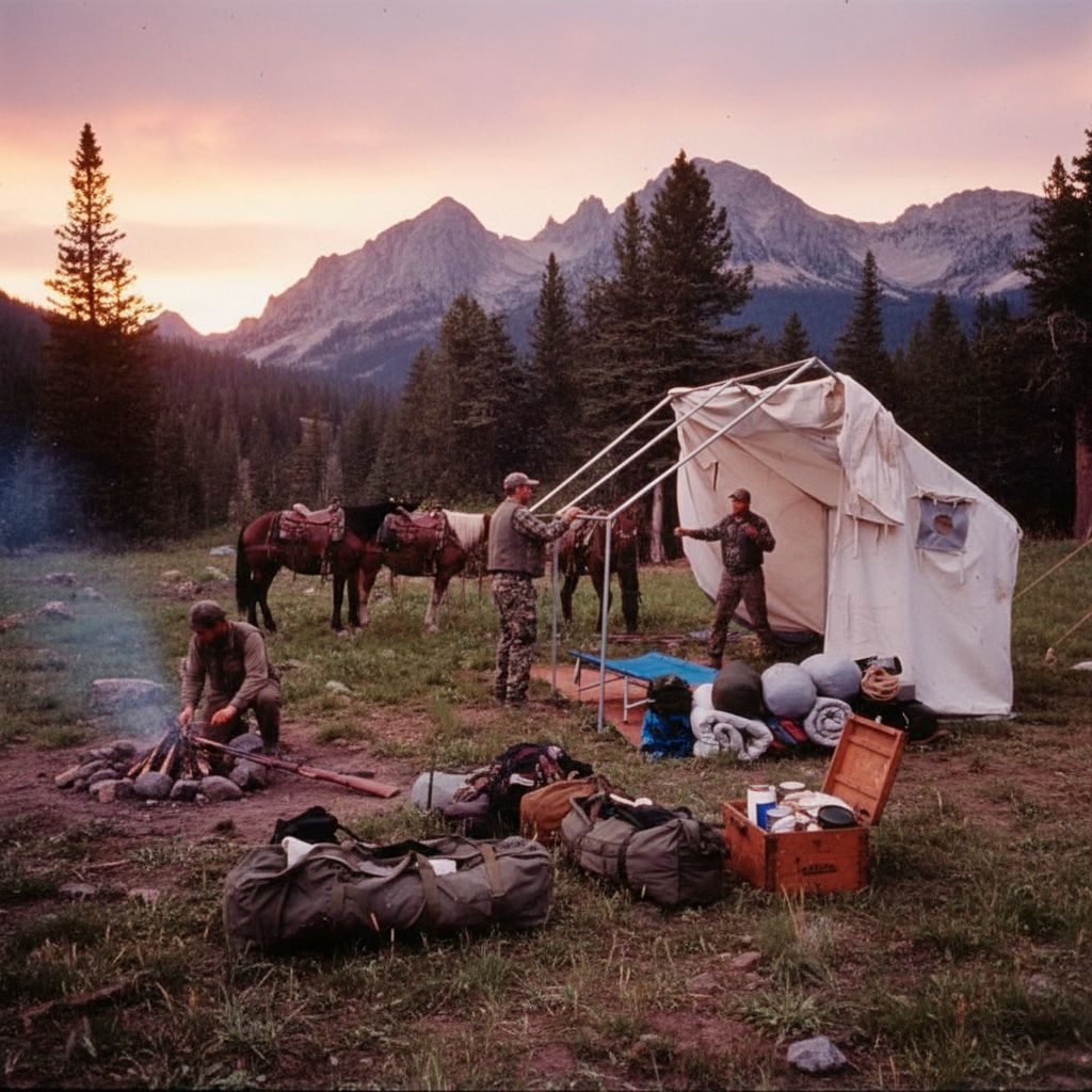 Campers setting up a tent, building a fire, and with horses in a mountain landscape at sunset.