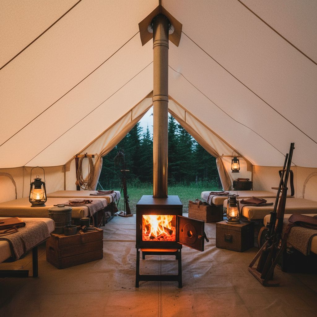 Inside a large canvas tent, a wood-burning stove glows, with beds and lanterns visible.