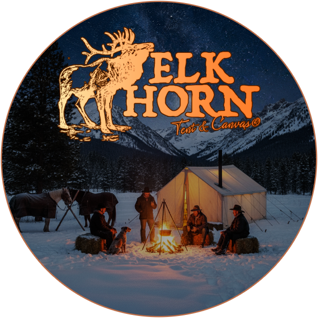 Elk Horn Tent & Canvas logo with a snowy campsite scene. People gather around a fire near a canvas tent. Mountains and stars in the background.