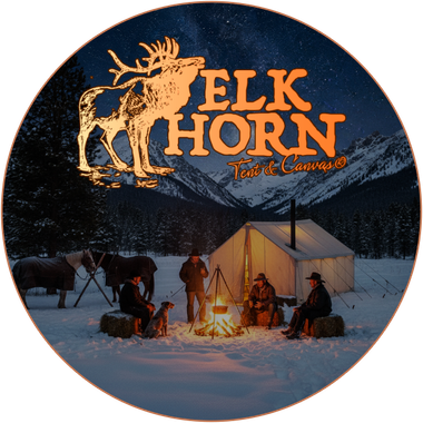 Elk Horn Tent & Canvas logo with a snowy campsite scene. People gather around a fire near a canvas tent. Mountains and stars in the background.