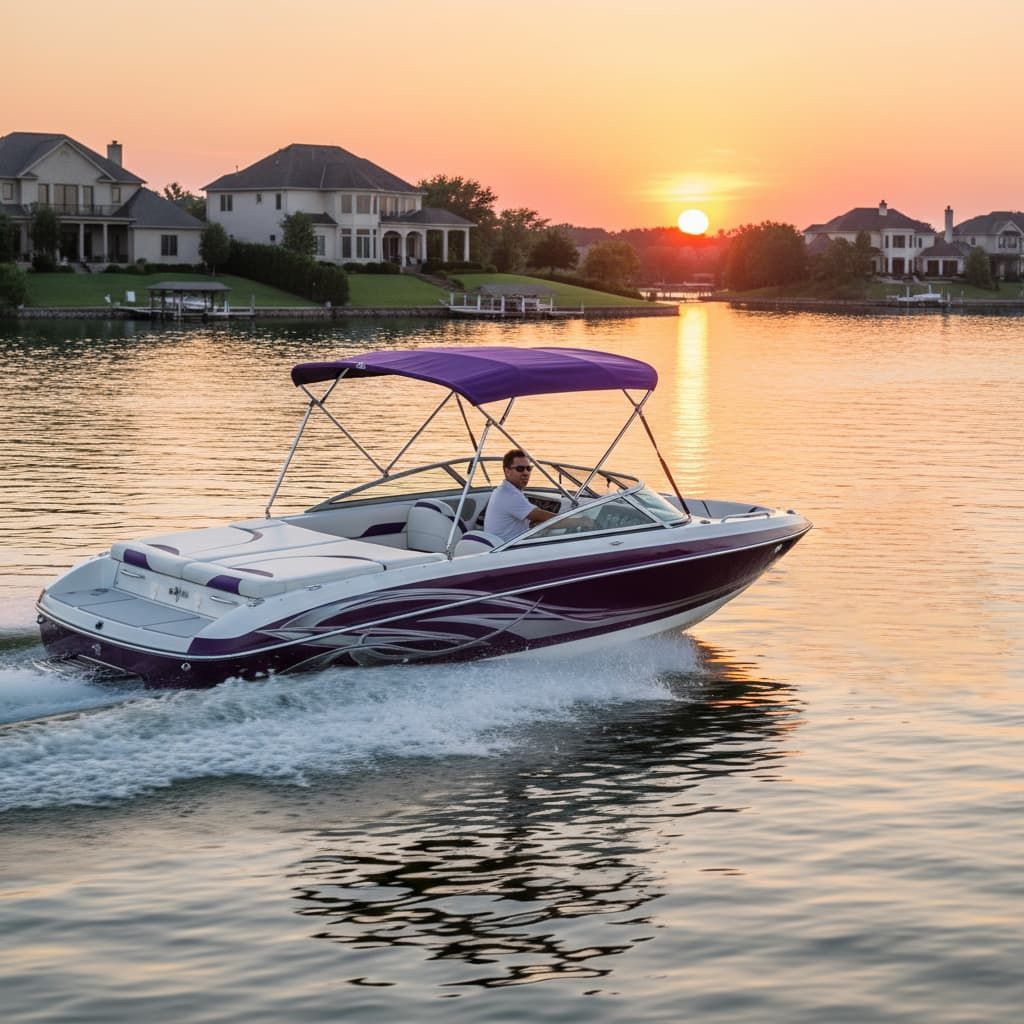 Boat speeding on water at sunset, purple accents, man driving. Houses in background.