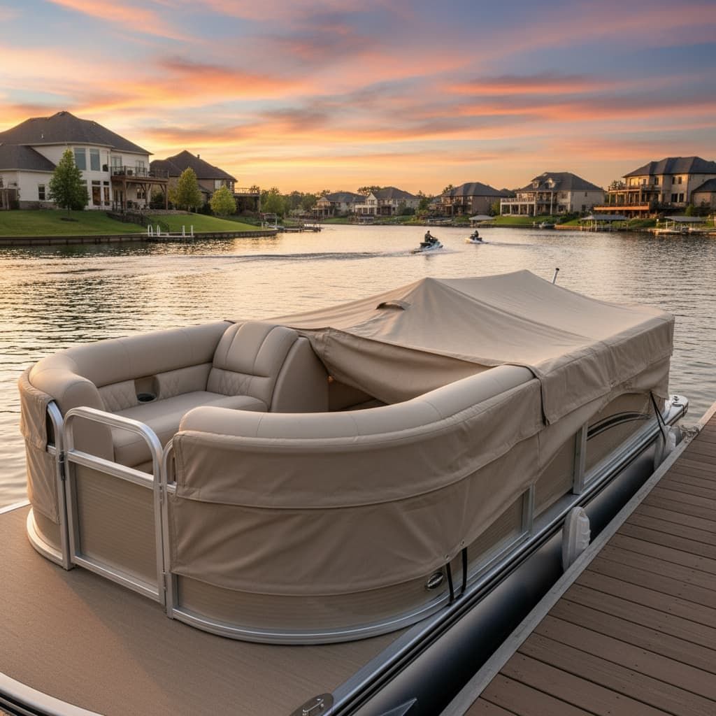 Pontoon boat docked on a lake at sunset; beige canopy and seating, luxury homes in background.