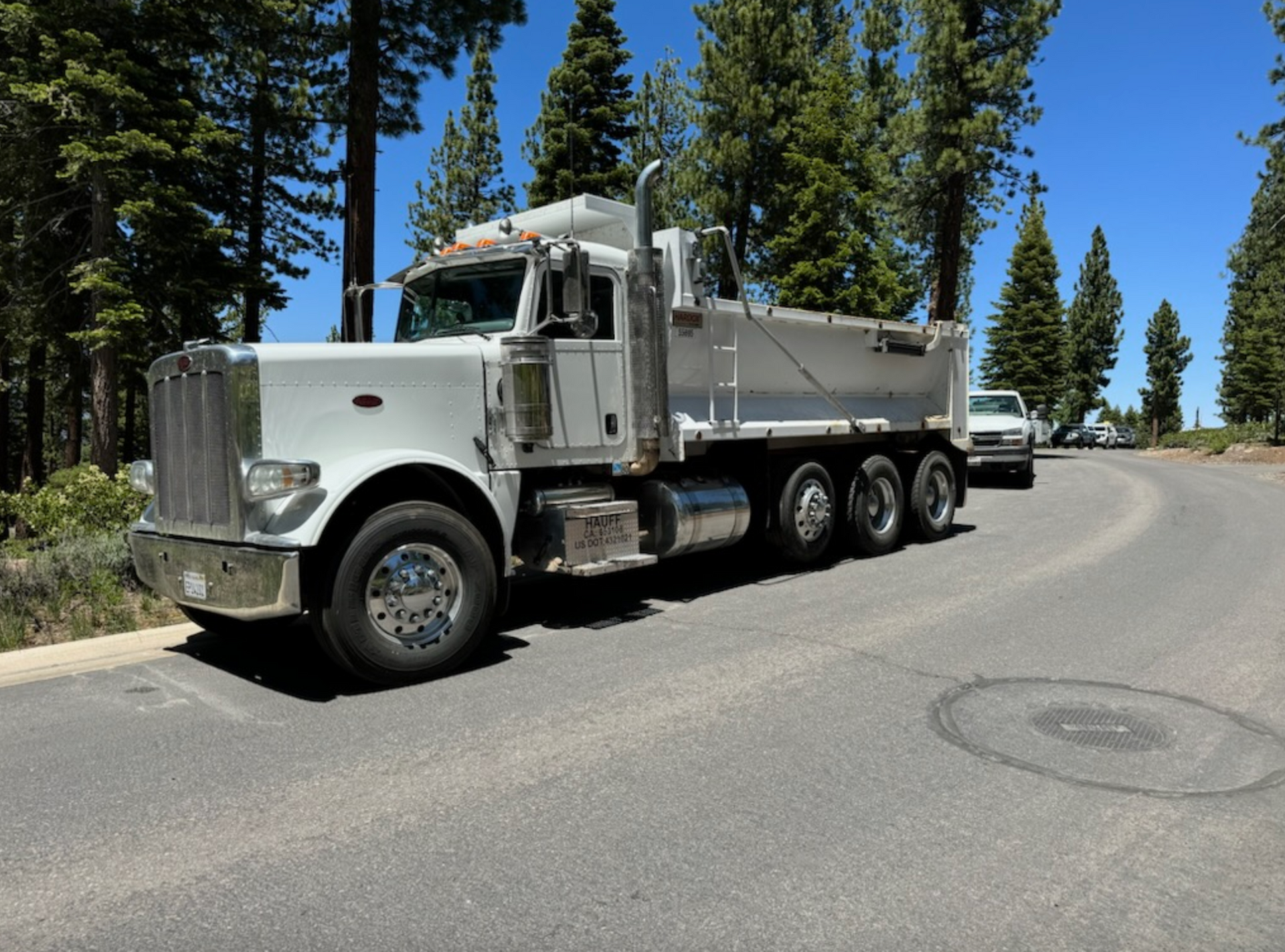 White dump truck parked on a paved road lined with trees under a blue sky.