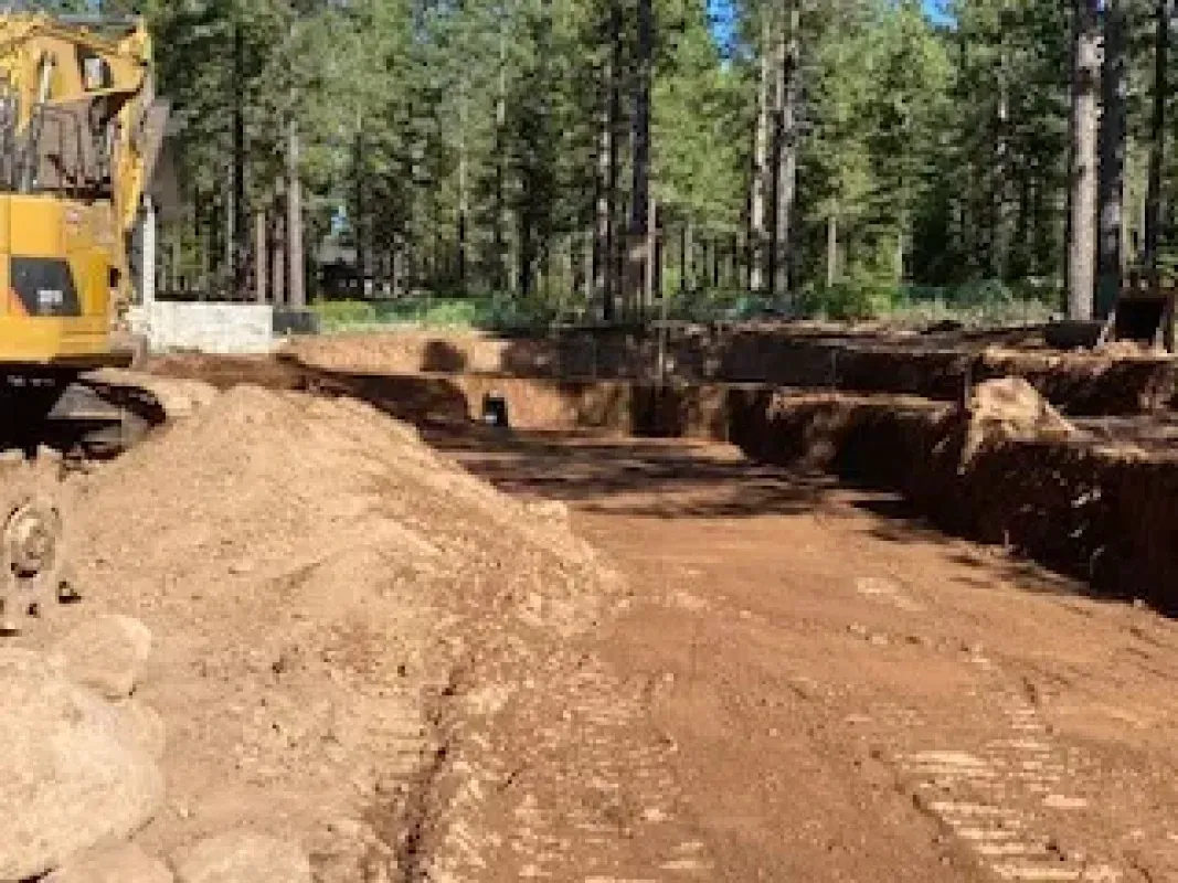 A yellow excavator is digging a hole in the dirt in the middle of a forest.