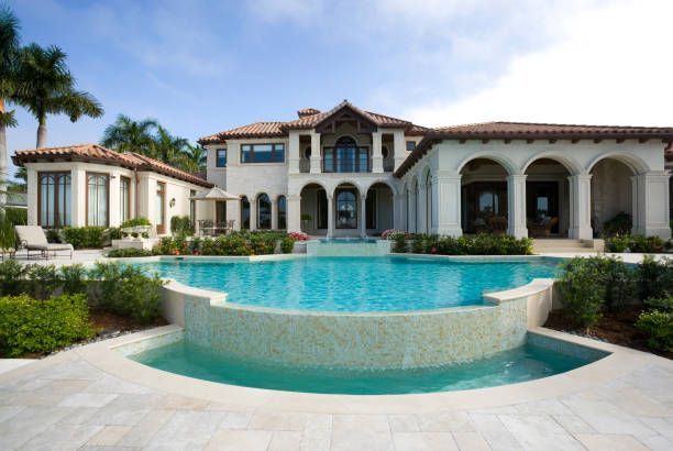 Luxury Mediterranean-style mansion with a turquoise pool and landscaped patio