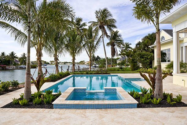 Palm-lined backyard with a rectangular pool and spa beside a waterfront home