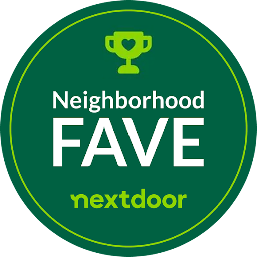 Green circular badge reading “Neighborhood FAVE nextdoor” with a small trophy icon.