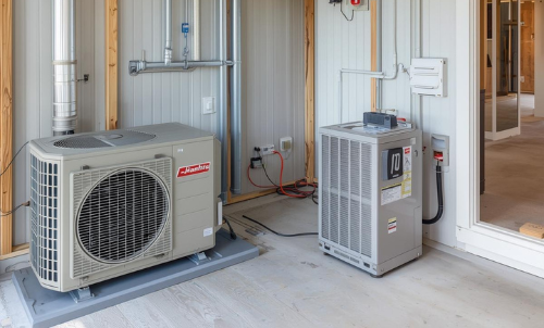 HVAC equipment in a utility room: air conditioner, furnace, water heater, ductwork, and pipes.