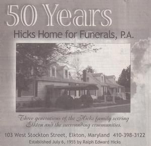 A black and white commemorative ad for Hicks Home for Funerals in Elkton, Maryland, marking 50 years of service.
