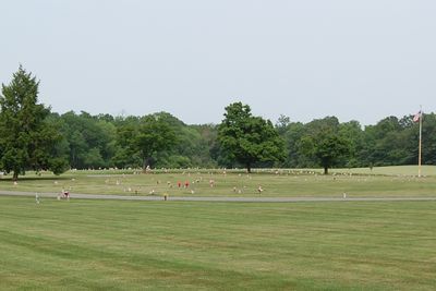 A wide shot of a cemetery with neatly manicured grass, scattered small grave markers, mature trees, and an American flag.