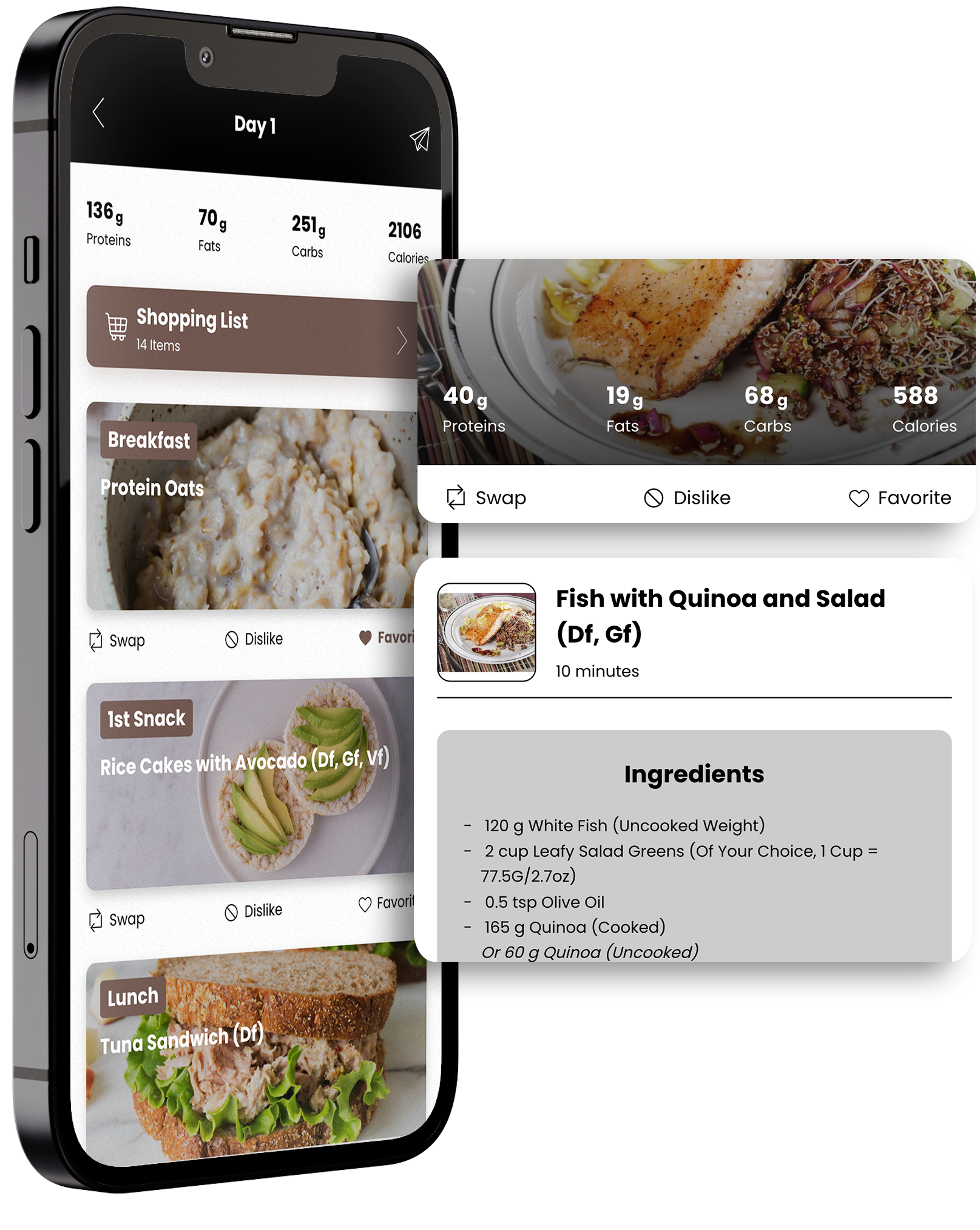 A phone showing the personalized meal plan page of Erin Gales 'Feed The Good App'.