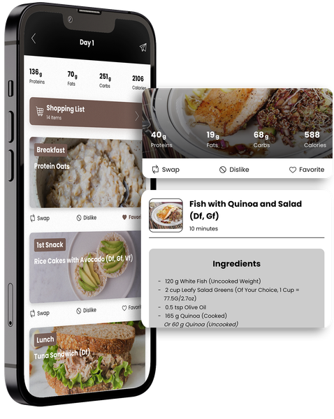 Phone showing meal plan Erin Gales - Feed The Good App - Personalized Nutrition and Workout Programs
