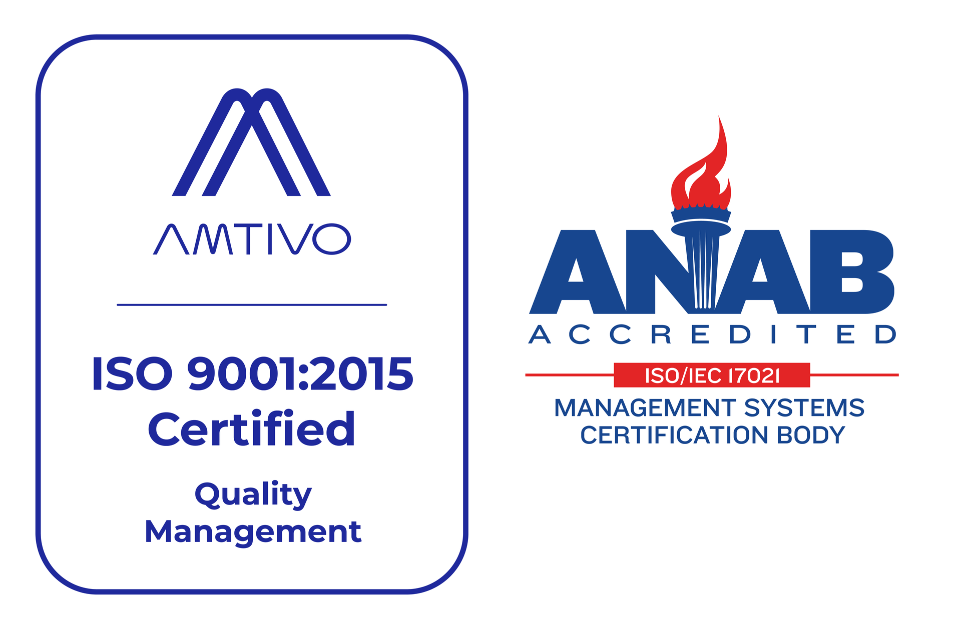Logos for AMTIVO, with ISO 9001:2015 certification, and ANAB-accredited management systems certification body.