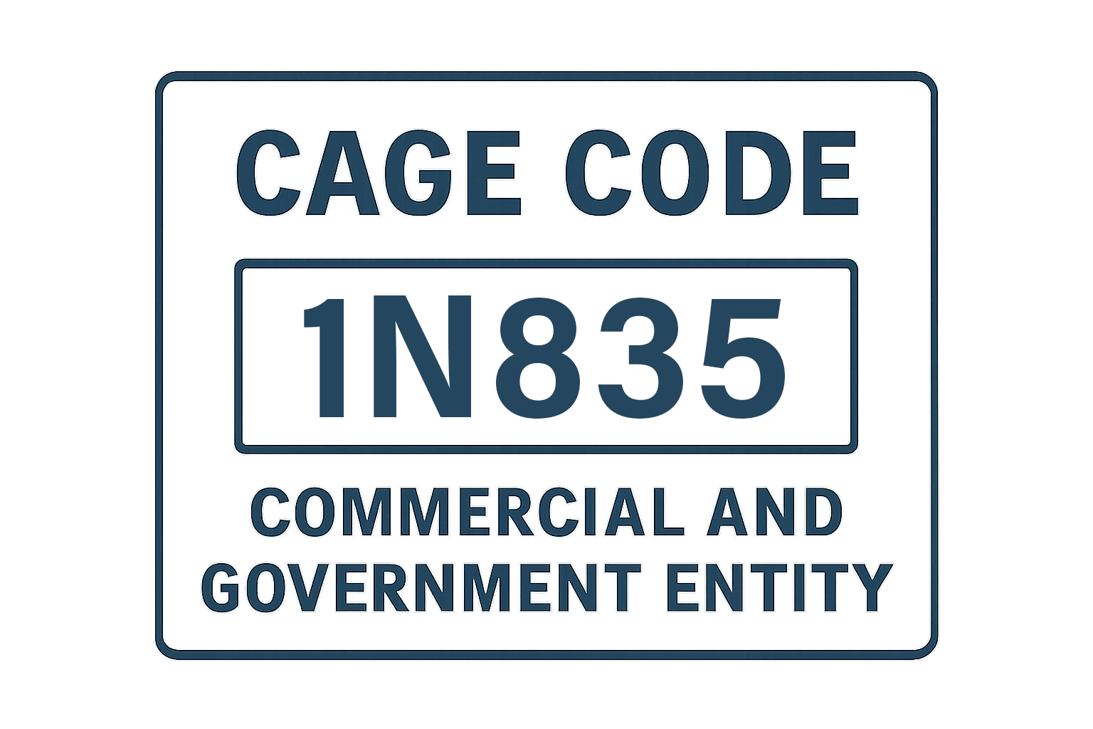 Blue-and-white sign reading “CAGE CODE 1N835” and “COMMERCIAL AND GOVERNMENT ENTITY”