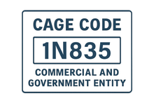 Blue-and-white sign reading “CAGE CODE 1N835” and “COMMERCIAL AND GOVERNMENT ENTITY”