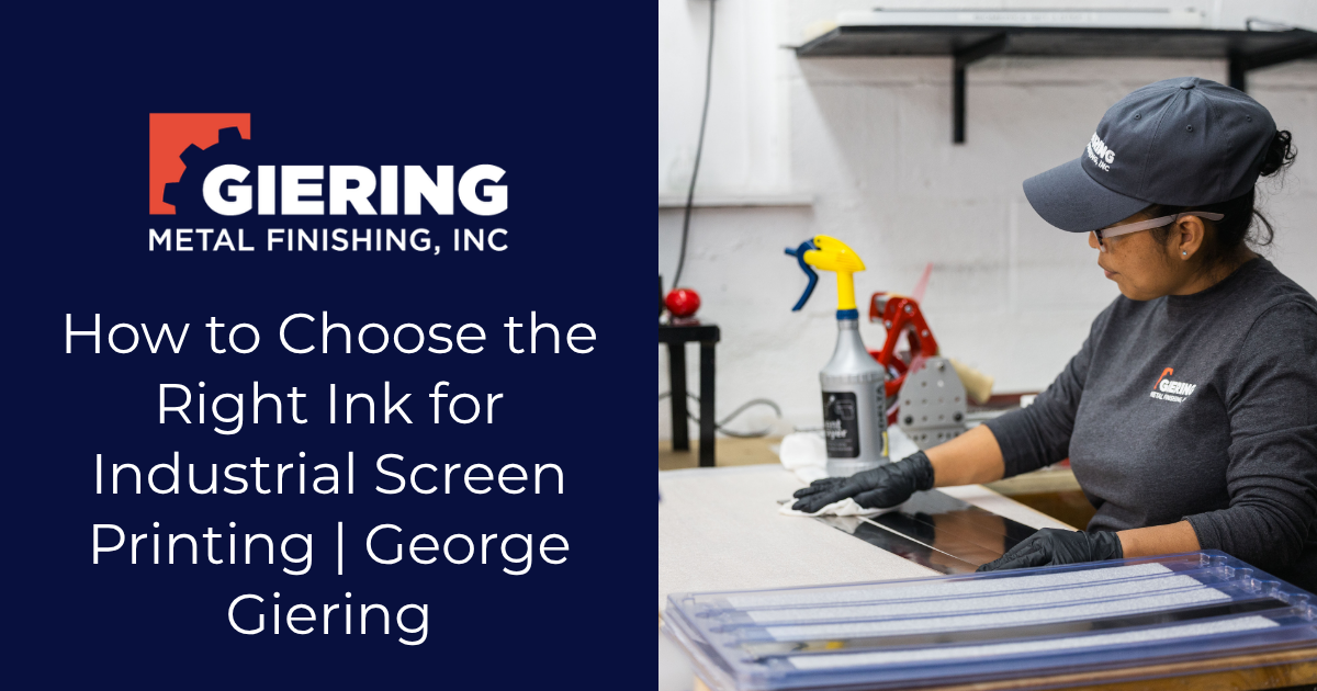 Geiring Metal Finishing promo: woman using industrial screen printer beside logo and title text