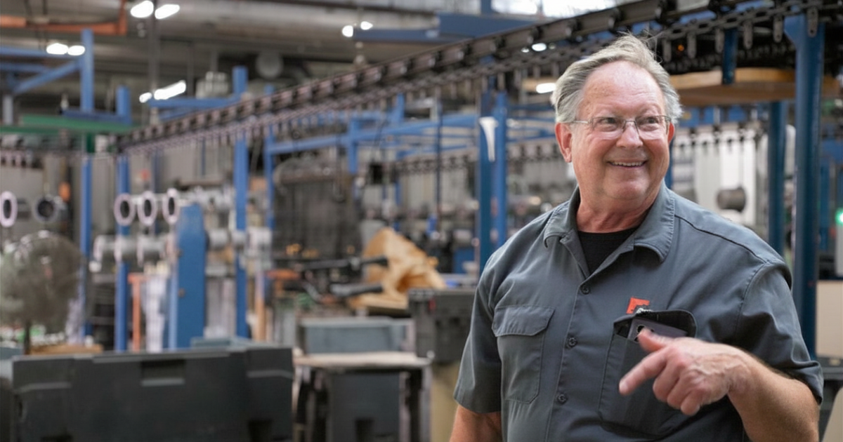Smiling man in a gray work shirt stands in a factory with blue machinery in the background
