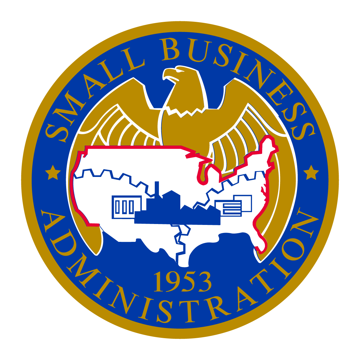 Small Business Administration seal with eagle, U.S. map, and blue-gold ring text.